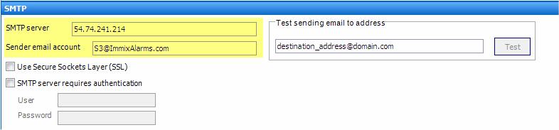 SMTP section of General Settings dialog